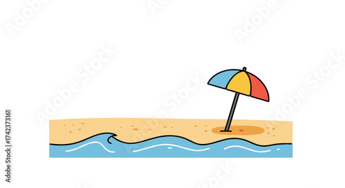 Illustration of a beach umbrella on the sand with gentle waves lapping at the shore