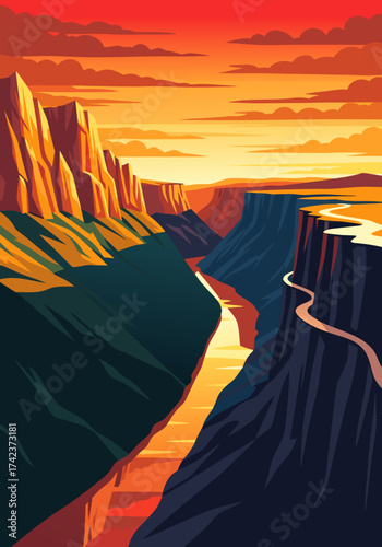 Majestic Wilderness Canyons Bathed in Golden Sunset Hues, a Serene Vector Illustration of Nature's Grandeur and Vibrant Landscape