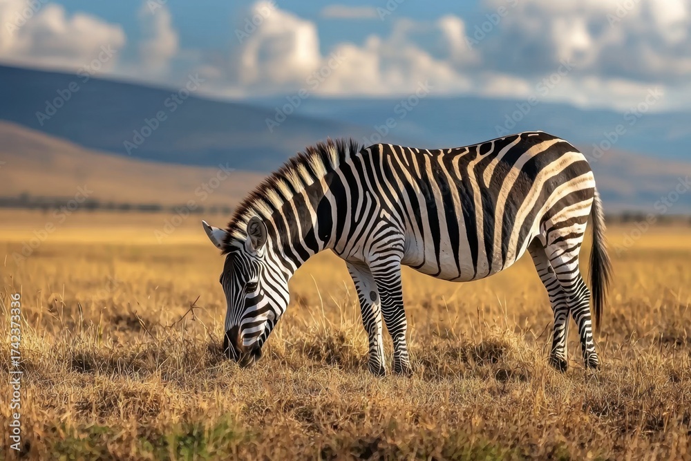 Naklejka premium Striking zebra grazing peacefully on dry golden grassland with backdrop of distant hills and cloudy blue sky, showcasing natural wildlife beauty and calmness