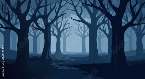 An atmospheric illustration of a dark, mysterious forest at dusk, featuring silhouetted bare trees and a winding path leading into a misty, enchanted wilderness