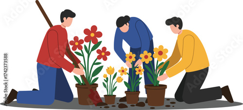 Men planting flowers in garden pots engaging in outdoor gardening activity with soil and plants vector illustration 