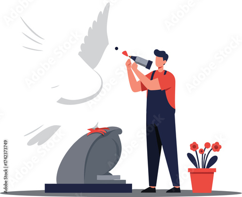Man with telescope looking at flying dove near red flower pot and tombstone in flat vector illustration 