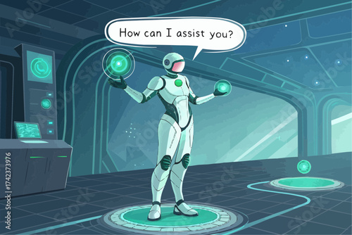 Futuristic robot in a sci fi room asking how can i assist you with glowing orbs in its hands and floating