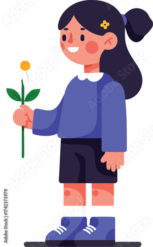 Little girl holding flower smiling in casual blue sweater black shorts vector illustration 