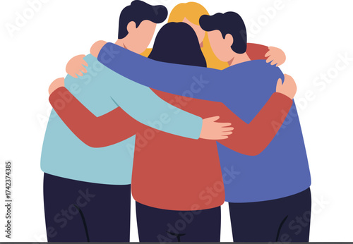Group of people embracing in supportive hug showing friendship and unity in casual clothing vector illustration 