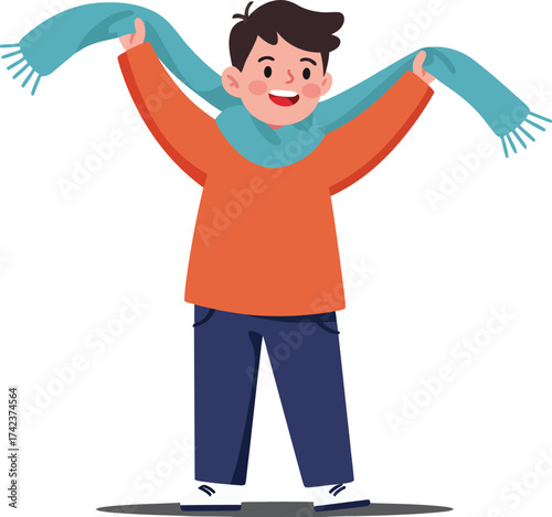 Happy boy wearing orange sweater holding blue scarf winter clothing vector illustration cheerful expression 