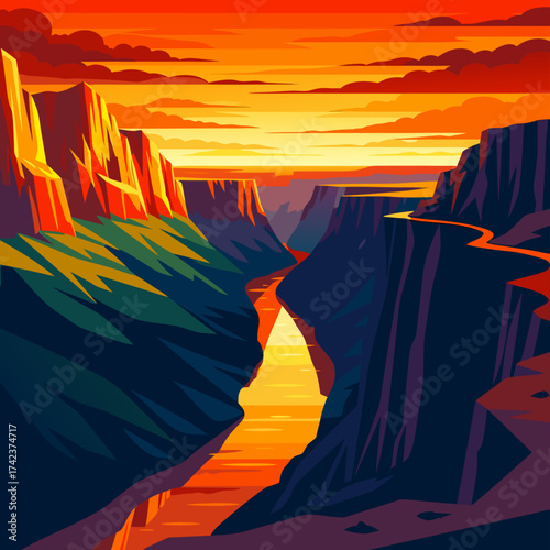 Vibrant vector illustration of a majestic canyon landscape at golden sunset, showcasing a reflective river winding through dramatic rock formations under a vivid sky