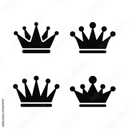 Four distinct black crown icons vector set scalable illustration eps graphic design elements silhouette White background