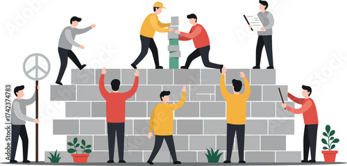 Group of diverse people building a brick wall teamwork and cooperation vector illustration 