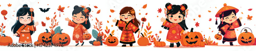 Vector of a little girl wearing a Chinese costume celebrating Halloween