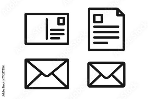 Postcard, letter, envelope, and paper document icons vector set, black outline illustration with transparent background, mail communication symbols, postal correspondence, paper mail concept