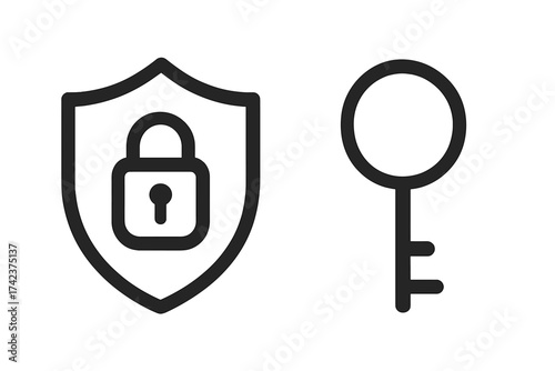 Secure shield icon with padlock and privacy key symbol, vector illustration of security access, data protection concept with transparent background, outline style
