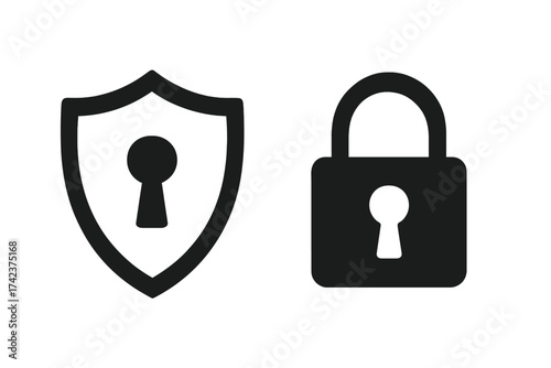 Security shield and padlock vector icons, black privacy keyhole symbols illustration, protection and access concept, cybersecurity and data safety design, transparent background
