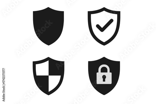 Shield icon collection with security protection symbols. Vector illustration set of black and white shields with check mark, lock, and divided quadrant design for digital safety and privacy.