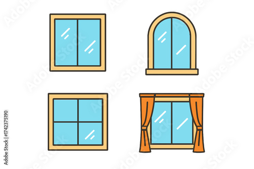 Set of Colorful Window Icons in Various Styles, Interior Design Concept, Vector Illustration with Transparent Background, Modern and Classic Window Frames with Curtains, Home Decor Elements