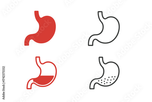 Set of human stomach icons on white background, medical anatomy vector illustrations, digestive system organ symbols in various styles, healthcare and biology concept graphics