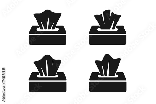 Tissue box icon set vector illustration isolated on white background, tissue package with paper napkins, hygiene and cleanliness concept, graphic design element collection