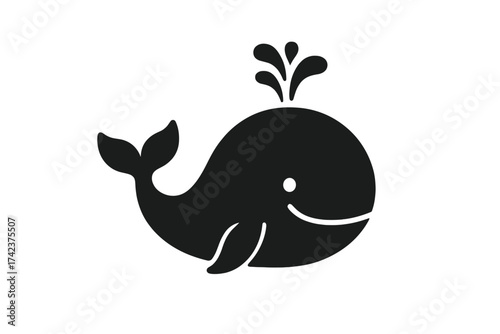 Cute smiling whale icon with water spout splash, playful marine mammal illustration, simple black vector graphic with transparent background, ocean animal cartoon design