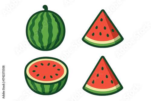 Watermelon tropical fruit whole and sliced vector icons set, juicy red pulp with seeds, fresh green rind, summer food illustration, isolated vector symbols on transparent background
