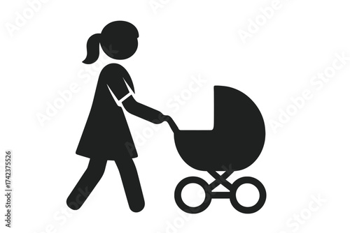 Mother pushing baby stroller silhouette icon, motherhood concept vector illustration with transparent background, woman walking with pram, parenting and family care symbol