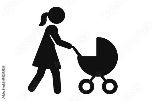 Silhouette woman pushing baby stroller vector icon, motherhood concept illustration, mother walking with stroller, parenting symbol, child care, family lifestyle design, transparent background