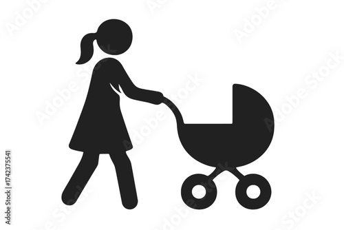 Silhouette of woman pushing baby stroller, motherhood icon, vector illustration of mother with pram, family care, parenting symbol, baby transportation, transparent background