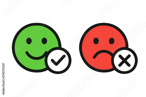 Feedback emoticons vector icons. Yes and no symbols. Green happy face with check mark and red sad face with cross for survey, review. Accept and reject signs. Approved.