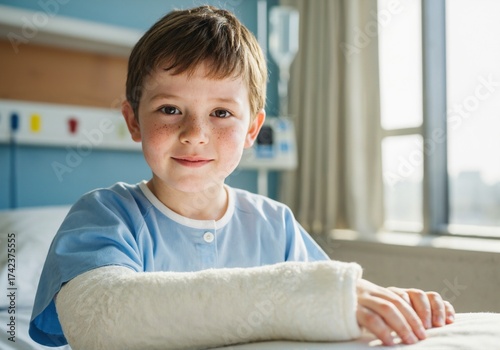 A boy with a plaster cast on his arm in a hospital room