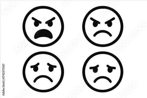 Angry and sad emoticon icon set. Vector symbols for negative feedback, customer dissatisfaction, bad mood, and stress. Unhappy, displeased emoji faces illustration.