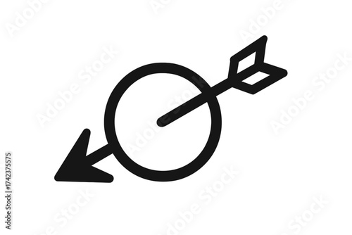 Arrow through circle icon symbol. Vector for concepts like breakthrough, penetration, overcoming obstacles, and achieving goals. Male gender symbol, Mars sign. Direct hit.