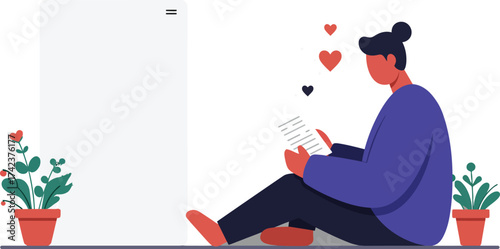 Woman reading love letter sitting near flowerpots with hearts floating around in cozy scene 