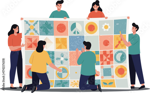 Group of people holding colorful patchwork quilt with various patterns and designs vector illustration 