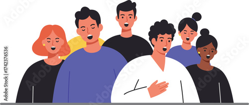 Diverse group of people singing together in unison with expressive faces vector illustration 