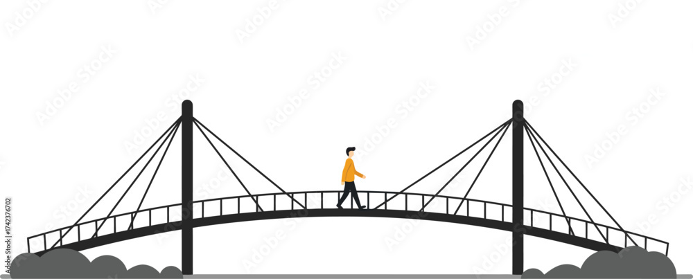 Fototapeta premium Pedestrian walking on suspension bridge vector illustration with grey black structure and orange jacket 