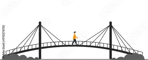 Pedestrian walking on suspension bridge vector illustration with grey black structure and orange jacket 