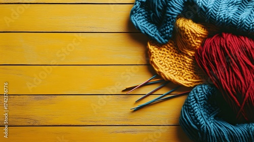Colorful wool yarn with knitting needles on yellow wooden table flat lay