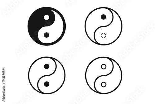 Yin Yang balance symbol vector illustration set with black and white spirituality icons, harmony, duality, Eastern philosophy, Taoism concept, transparent background