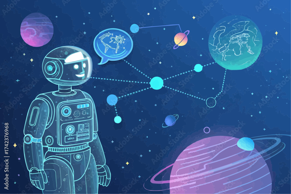 Fototapeta premium Robot in space connected to planets and a speech bubble with complex machine design elements visible