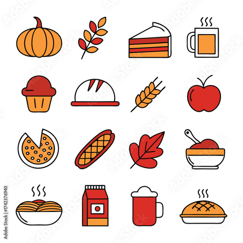 Autumn harvest feast icons set pumpkin pie apples leaves bread cupcake hot drinks seasonal food collection delicious treats