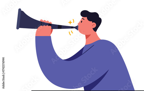 Man blowing trumpet musical instrument illustration in blue clothing vector image 