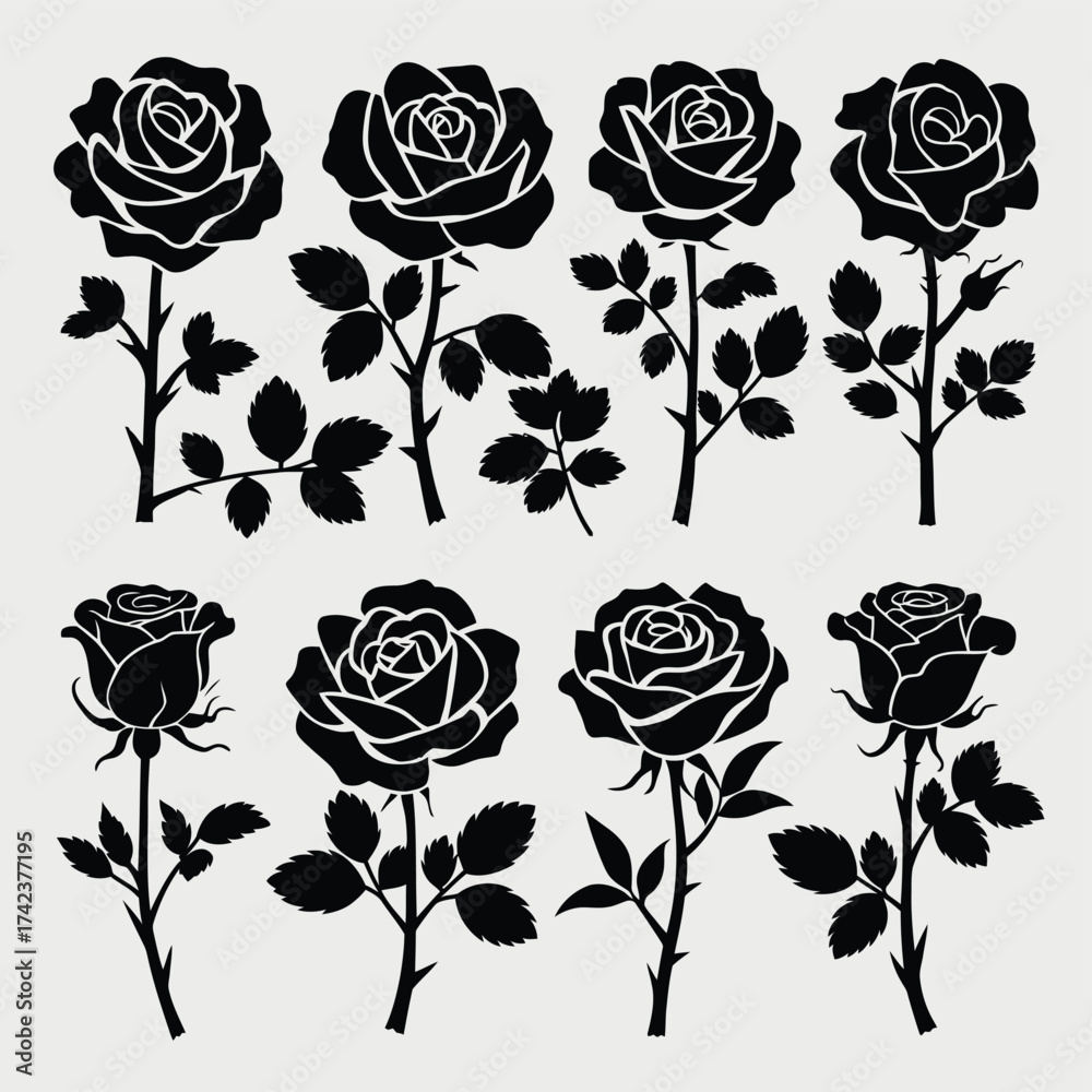 Obraz premium Elegant black rose silhouettes vector illustration set scalable eps for decorative floral designs silhouette White background