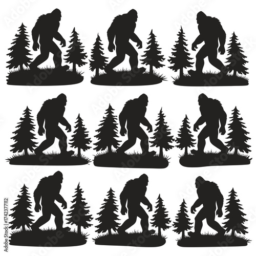 Collection of bigfoot forest silhouettes vector illustration scalable eps icon set silhouette White background