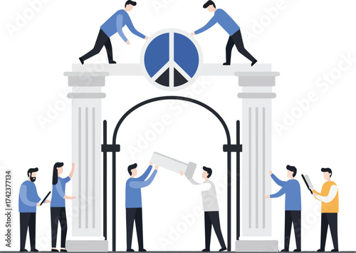 People working together building peace symbol on classical archway vector illustration teamwork and cooperation concept 
