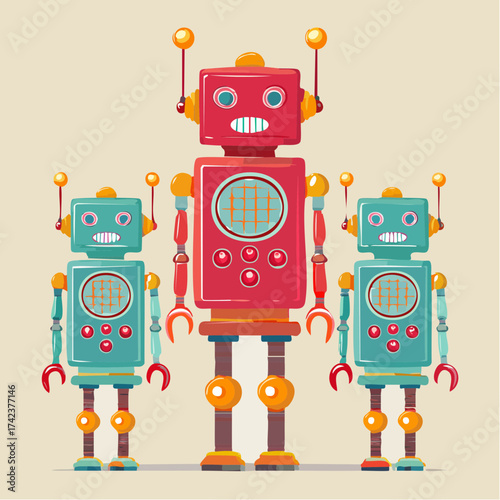 retro robots are standing side by side, vector cartoon illustration