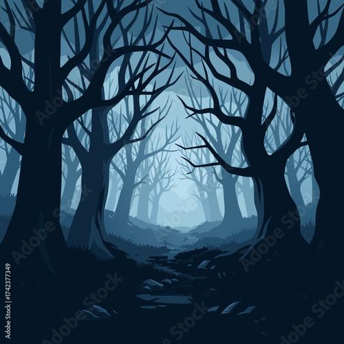Eerie dark forest path illustration with bare silhouetted trees under a mystical, moonlit sky, creating a haunting fantasy landscape