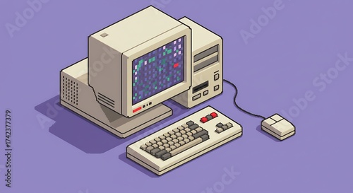 An isometric pixel art image of a vintage desktop computer, including a monitor, CPU, keyboard and mouse, in shades of white and gray, on a lilac background.