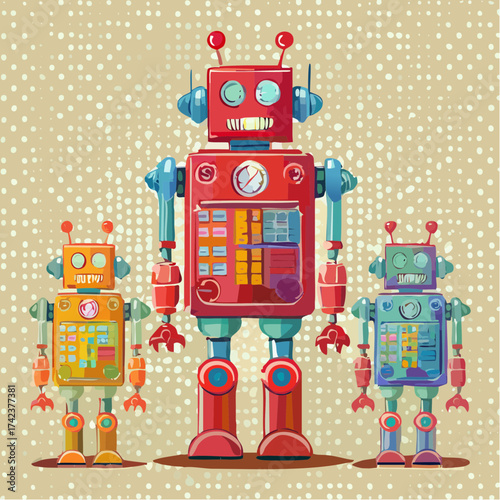 retro robots are standing side by side, vector cartoon illustration