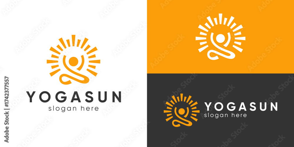 Fototapeta premium Creative simple yoga sun logo template. People meditate with nature sun logo design vector illustration.