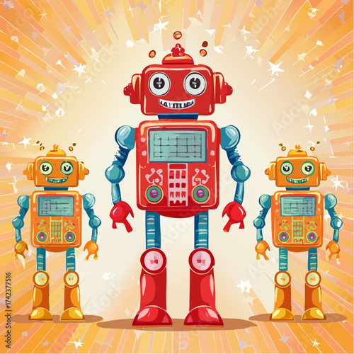 retro robots are standing side by side, vector cartoon illustration