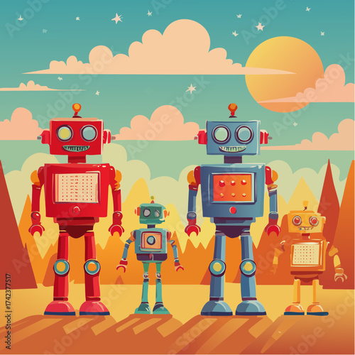 retro robots are standing side by side, vector cartoon illustration